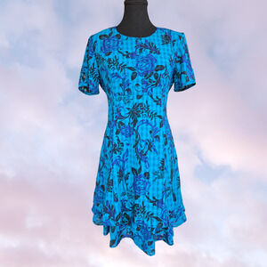 VTG 80-90s Betsy Lauren Floral Cottagecore Bohemian A-Line Midi Dress Blue 8P